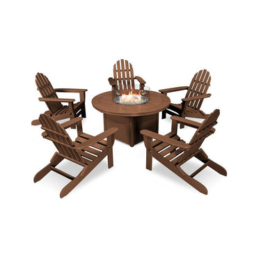 POLYWOOD Classic Folding Adirondack 6-Piece Conversation Set W/ Fire Pit Table - Teak